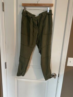 LOFT Olive Green Women's Cargo Jogger Pants with Self-Tie Belt in Petite
